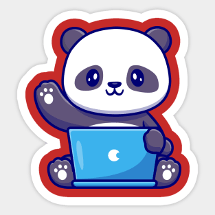 Cute Panda Working On Laptop Cartoon Sticker